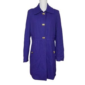DKNY Wool Coat 14 Royal Purple Toggle Closure Viscose Gold Herringbone Textured